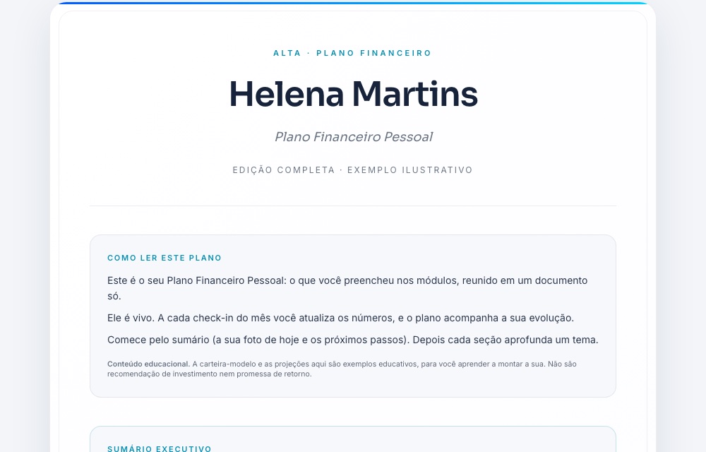 Exemplo do Plano Financeiro Pessoal construído por um aluno na plataforma da ALTA
